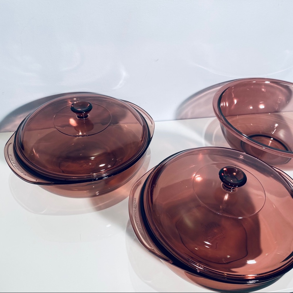 PYREX Amethyst Cranberry Purple Casserole And Bowl Set Of 3 - Picture 2 of 16